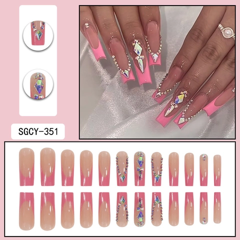 Uñas Postizas Largas Trapezoidales Degradado Rosa Estilo Francés Con Pedrería Y Joyas Uñas Brillantes Para Mujeres Lujo