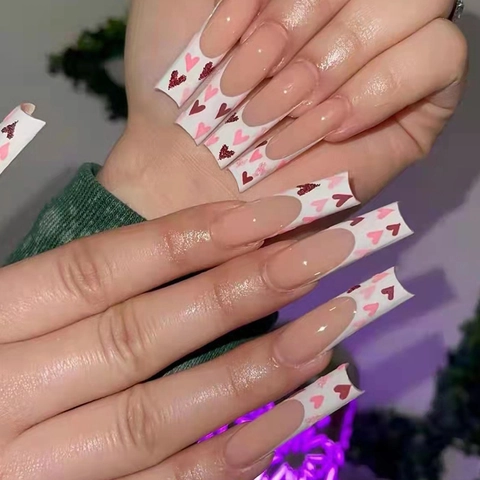 French Tip Press On Nails Long Coffin Fake Nails With Heart Patterns Sweet Pink Red Valentine Day Style Glossy Manicure