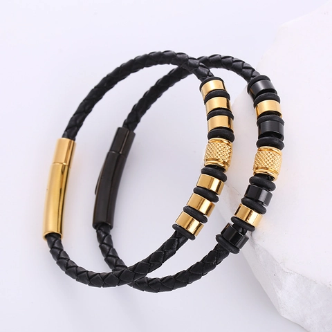 Geflochtenes Lederarmband Mit 304 Edelstahl Metallperlen Magnetverschluss Punk Hip Hop Schmuck Für Männer