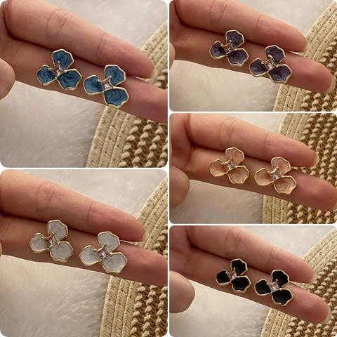 Flower Stud Earrings Stainless Steel Enamel Petal Floral Design Cubic Zirconia Elegant Vintage Jewelry For Women