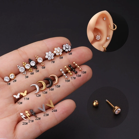 Stainless Steel Cartilage Stud Earrings With Zirconia Screw Ball Back Helix Piercing Jewelry Unisex Geometric Design