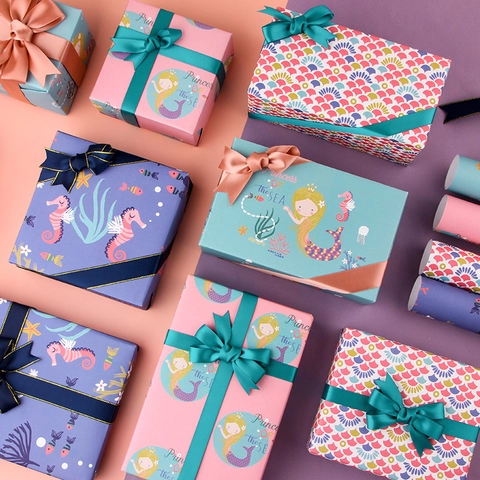 Mermaid Ocean Theme Gift Wrapping Paper Marine Life Patterns Colorful Art Paper Decorative Materials For Kids Birthday Party Holiday