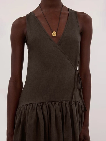 Vestito Maxi Senza Maniche Con Scollo A V Da Donna Cotone A Portafoglio Tinta Unita Vita Annodata Orlo Con Volant