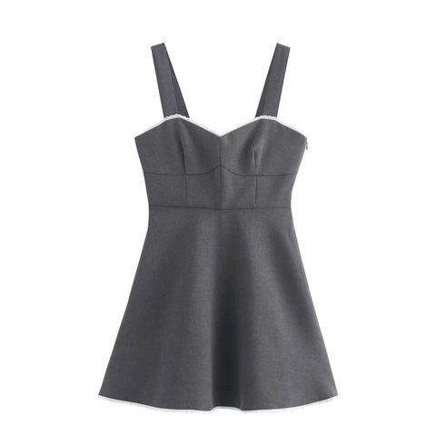 Women Grey Lace Trim Camisole Mini Dress Backless High Waist Polyester Sleeveless Preppy Style Casual Summer Party Wear
