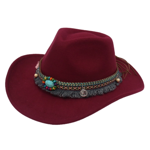Cappello Fedora in Feltro di Lana Etnico Western Cowboy Con Nappine Turchese e Perline Retrò Boho Spettacolo Festa per Uomo Donna