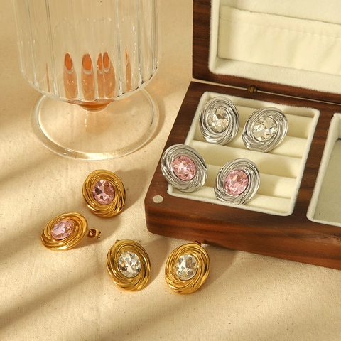 Vintage Oval Stud Earrings With Zircon Stone Spiral Swirl Texture 18K Gold Plated Stainless Steel For Women