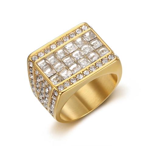 Luxury Men Ring 316L Stainless Steel Full Square Cubic Zirconia Pave Hip Hop Fashion Jewelry Iced Out Square Signet