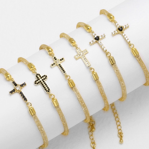 Cross Pendant Bracelet 18K Gold Plated Copper Metal Mesh Chain With Zirconia Fashion Jewelry For Women