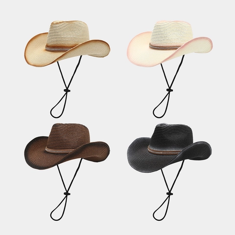 Sombrero De Vaquero De Paja Ala Ancha Protección Solar Transpirable Cuerda Cortavientos Ajustable Diamantes De Imitación Remache Cinturón Vintage
