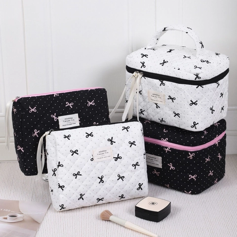 Quilted Cosmetic Bag Polka Dot Bow Makeup Pouch Portable Large Capacity Toiletry Organizer With Ribbon Zipper Pull