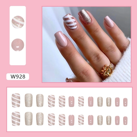 Unghie A Pressione Rosa Champagne Glitter Oro Rosa Motivo Diagonale Forma A Bara Media Unghie Artificiali Eleganti