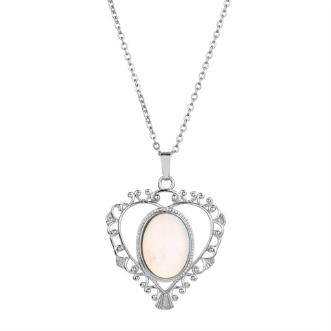 Heart Pendant Necklace Vintage Hollow Copper Alloy Filigree With Oval Gemstone Retro Jewelry For Women