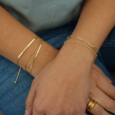 18K Gold Plated Stainless Steel Layered Bracelet Necklace Set Women Minimalist Snake Chain Paperclip Stacking Jewelry