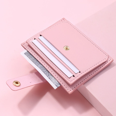 Women Card Holder PU Leather Ultra Thin Mini Snap Button Multi Slot Lychee Pattern Wallet For Students