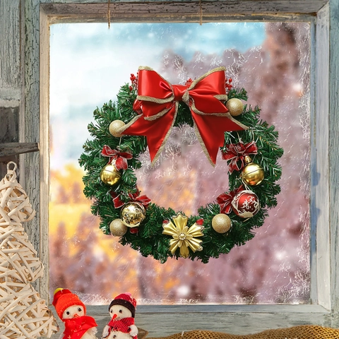 Weihnachts Kranz Wandaufkleber PVC Abnehmbare Fensterdeko Klassische Rote Schleife Goldene Kugel Kiefernnadel Deko