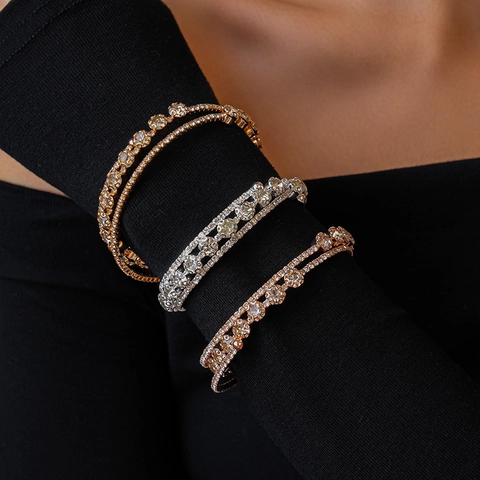 Mehrlagiger Offener Armreif Kupfer Mit Zirkon Hohl Verstellbares Armband Luxus Schmuck Für Frauen Elegant Party