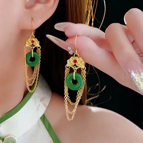 Pipa Lute Tassel Earrings Gold Plated Copper With Green Imitation Jade Pingan Buckle And Red Gemstone Chinese Style