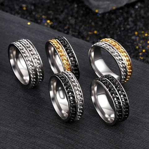 Πάνκ Ανοξείδωτο Ατσάλινο Δαχτυλίδι Spinner με Διπλή Αλυσίδα για Άνδρες Περιστρεφόμενο Δαχτυλίδι Αποσυμπίεσης Κοσμήματα Μόδας Υψηλή Στίλβωση