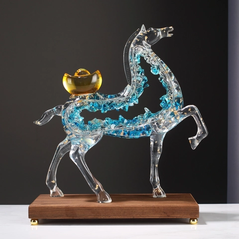 Transparent Resin Horse Figurine With Gold Ingot And Solid Wood Base Nordic Light Luxury Sculpture For Office Home Decor