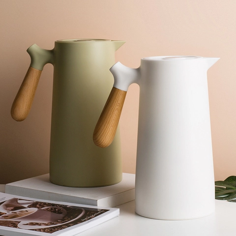 Thermal Coffee Carafe Vacuum Insulated Pitcher Wood Handle Double Layer Glass Liner Leakproof Nordic Hot Water Bottle