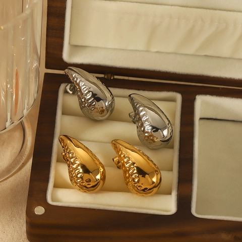 Hammered Teardrop Stud Earrings 18K Gold Plated Stainless Steel Chunky Hollow Spiral Statement Jewelry For Women