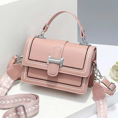PU Leather Crossbody Bag For Women Trendy Small Square Handbag With Wide Webbing Strap Contrast Stitching Metal Clasp