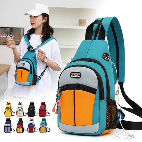 Oxford Cloth Sling Chest Bag Waterproof Crossbody With Headphone Jack Multi Pocket Casual Outdoor For Men Women