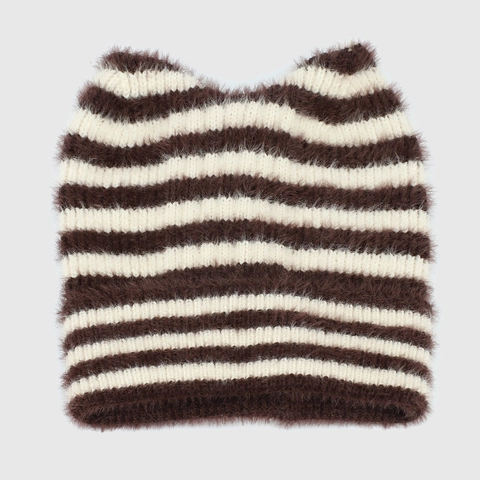 Striped Knitted Beanie Hat Cat Ear Shape Acrylic Plush Thickened Warm Winter Headwear For Women Girls Cute Kawaii Style