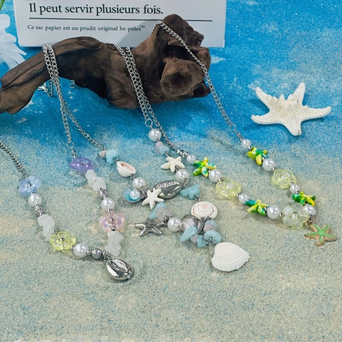 Collar De Cuentas Temático Del Océano Con Colgantes De Estrella De Mar Concha De Aleación Perlas Artificiales Artificiales Cuentas De Resina Coloridas Joyas De Playa De Verano Para Mujeres