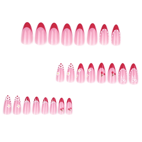 Press On Nails Almond French Red Tips Artificial Fake Nails Cherry Daisy Bow Polka Dots Pattern For Women Girls