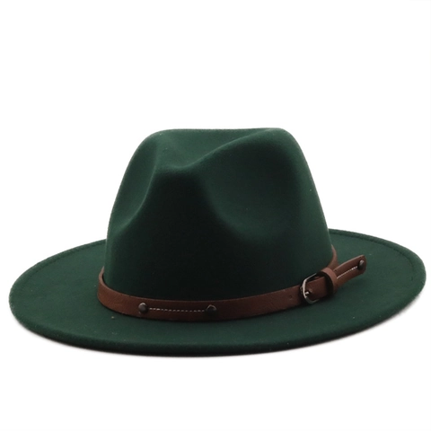 Classic Wide Brim Fedora Hat Wool Felt Jazz Cap With Belt Buckle Vintage Style For Men Women