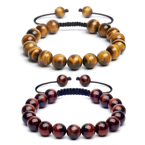 Bracelet En Perles Oeil De Tigre Et Agate Fait Main Cordon Tressé Ajustable Bijoux En Pierre Pour Hommes Et Femmes