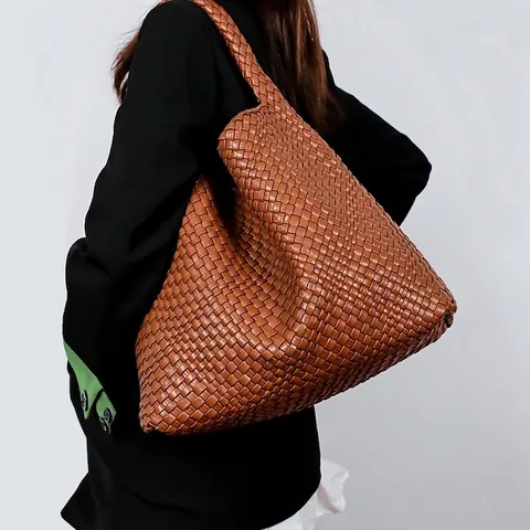 Handmade Woven Tote Bag PU Leather Fashion Hobo Shoulder Handbag With Matching Pouch For Women Casual Daily