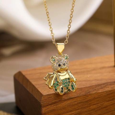Collana Con Ciondolo A Orsetto Rame Placcato Oro 18K Zircone Colorato Strass Animale Catena Clavicola Gioielli Donna