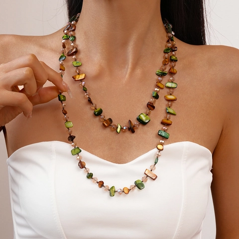 Collar Largo Multicapa Bohemio Para Mujer Cuentas De Vidrio Irregulares Concha Vintage Chic Joyería Elegante