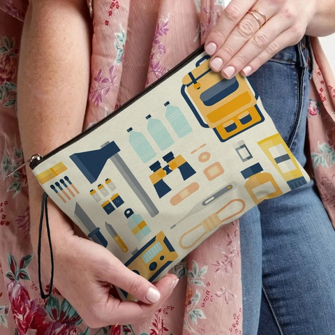 Linen Cosmetic Bag Outdoor Survival Print Zippered Travel Toiletry Pouch Multifunctional Organizer Portable