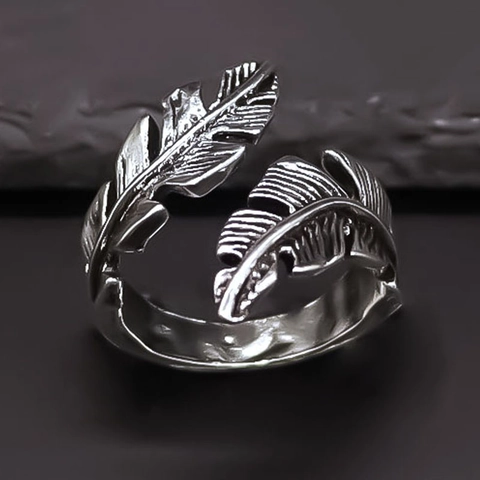 Anello Aperto in Lega Vintage a Forma di Piuma Per Uomo Donna Regolabile Colore Argento Antico Retro Bohemién Gioielli