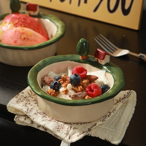 Ceramic Bowl Plate Spoon With 3D Miniature House Tree Decor Cute Hand-Pinched Cartoon Forest Cabin Style Yogurt Dessert
