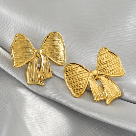 Vintage Titanium Steel Bowknot Earrings Fashion 18k Gold Texture Stud Earrings For Women Geometric Hot Sale Ear Jewelry