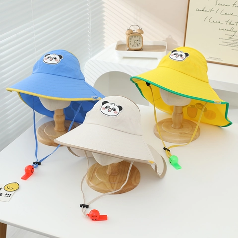 Kids Hollow Top Sun Hat Polyester Wide Brim Panda Pattern Neck Flap Summer Outdoor Adjustable Wind Rope With Whistle