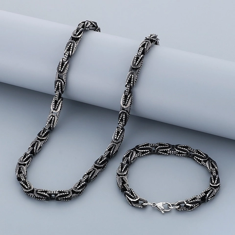 Joyas Cadena Bizantina Para Hombre Acero Inoxidable Retro Patrón V Collar Y Pulsera Estilo Punk Hip Hop