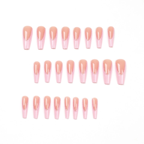 Faux Ongles French Dégradé Rose Forme Cercueil Longue Bordure Scintillante Haute Brillance Ongles Artificiels