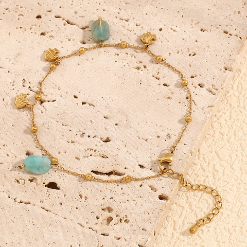 Ocean Fish Charm Anklet Women 18K Gold Plated Stainless Steel Natural Amazonite Stone Summer Beach Elegant Jewelry