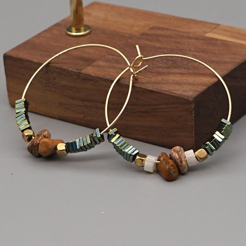 Bohemian Gold Color Stainless Steel Hoop Earrings With Semi Precious Stone Beads Vintage Handmade Elegant For Women