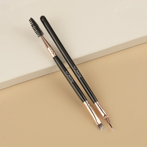 Pennello Sopracciglia Doppio Professionale E Pennello Eyeliner Angolato Setole In Fibra Sintetica Manico In Legno Ghiera Oro Rosa