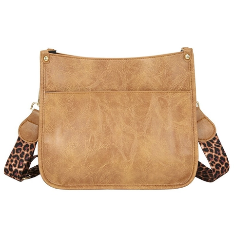 Women Shoulder Bag PU Leather Retro Square Crossbody With Leopard Print Wide Strap Casual Fashion Messenger Handbag
