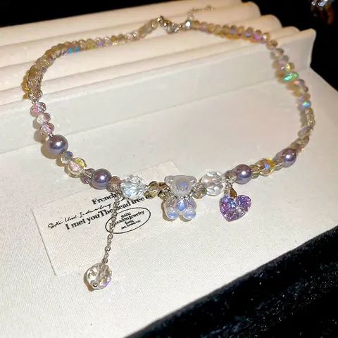 Collana Di Perline Viola Con Ciondolo A Forma Di Orso Di Cristallo E Cuore Dolce Perla Artificial Imitazione Catena Clavicicola Per Donne Ragazze