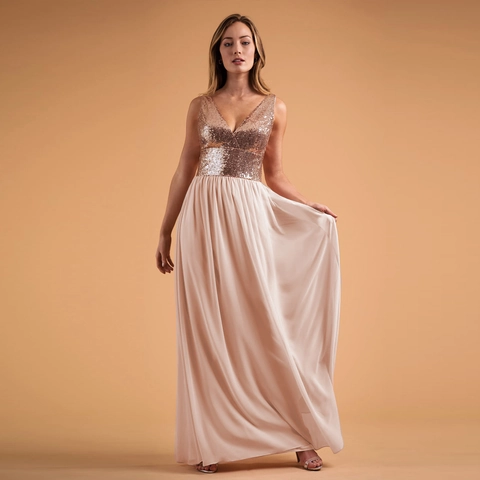 Pailletten Chiffon Abendkleid Ärmellos V-Ausschnitt Rückenfrei Patchwork Bodenlang Hochzeit Brautjungfer Partykleid