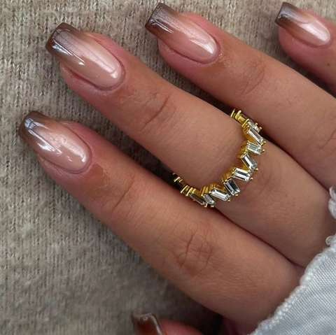 Glossy Gradient Brown Nude Pink Press On Nails Square Round Shape Full Cover Fake Nails With Jelly Glue And Nail File