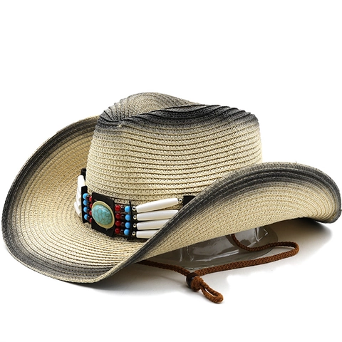 Cappello Cowboy Paglia Sfumato Tesa Larga Perla Turchese Etnica Protezione Solare Spiaggia Outdoor Per Uomo Donna Cordino